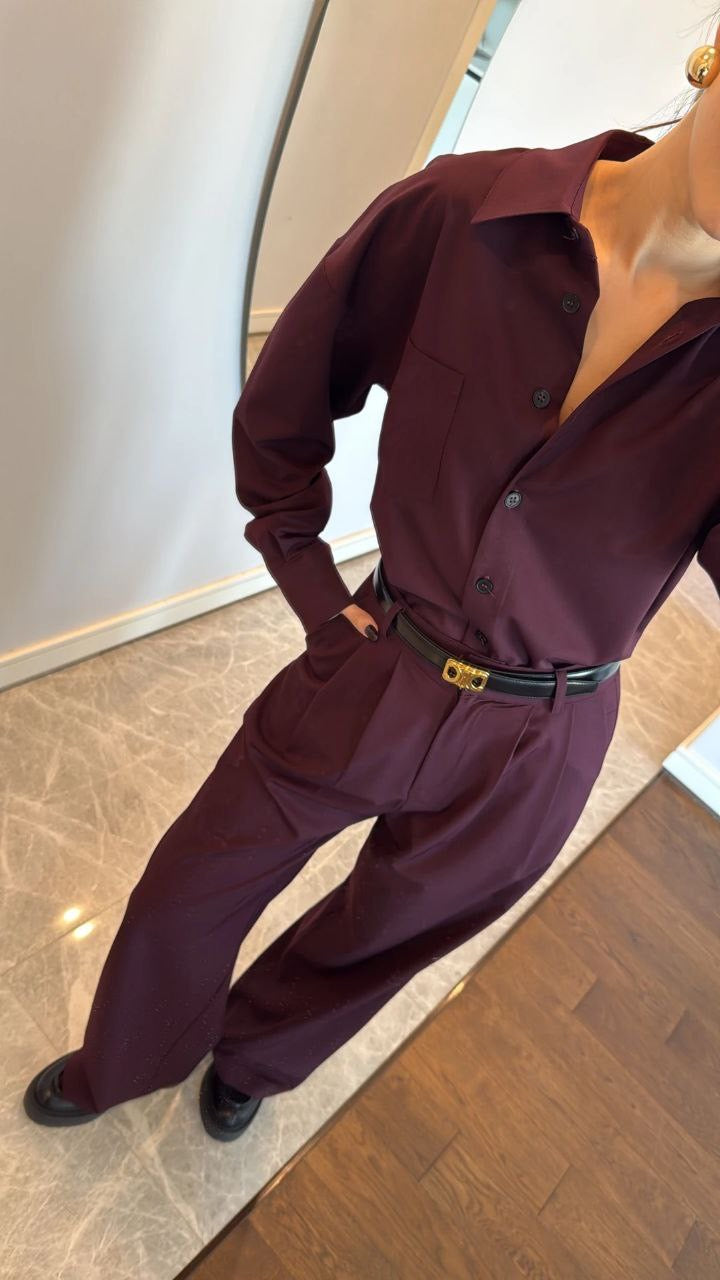 طقم قميص مع بنطلون عنابي - KP1376