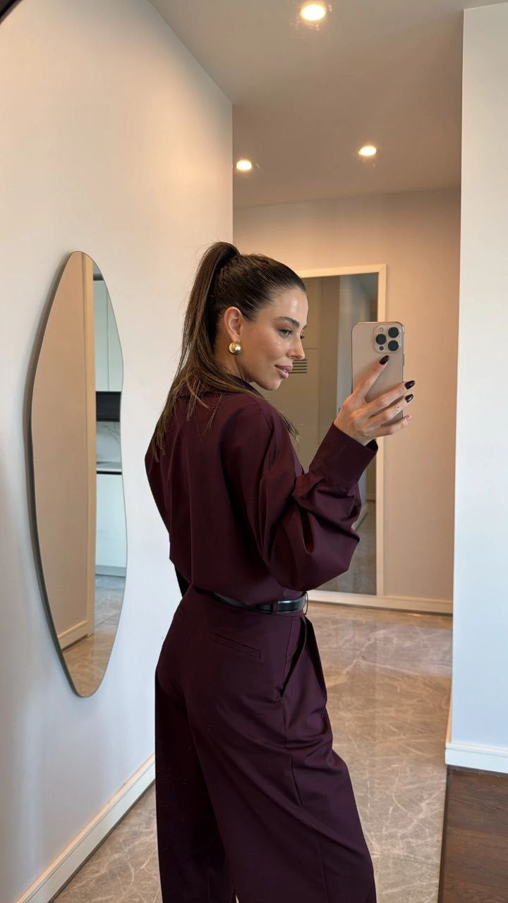 طقم قميص مع بنطلون عنابي - KP1376