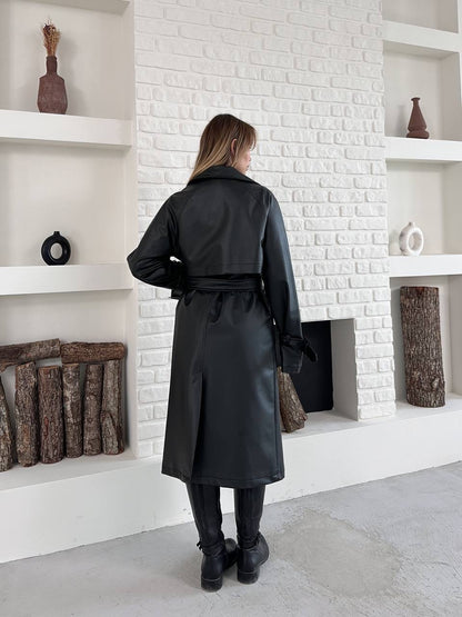 جكيت ترنش جلد اسود - KP7079