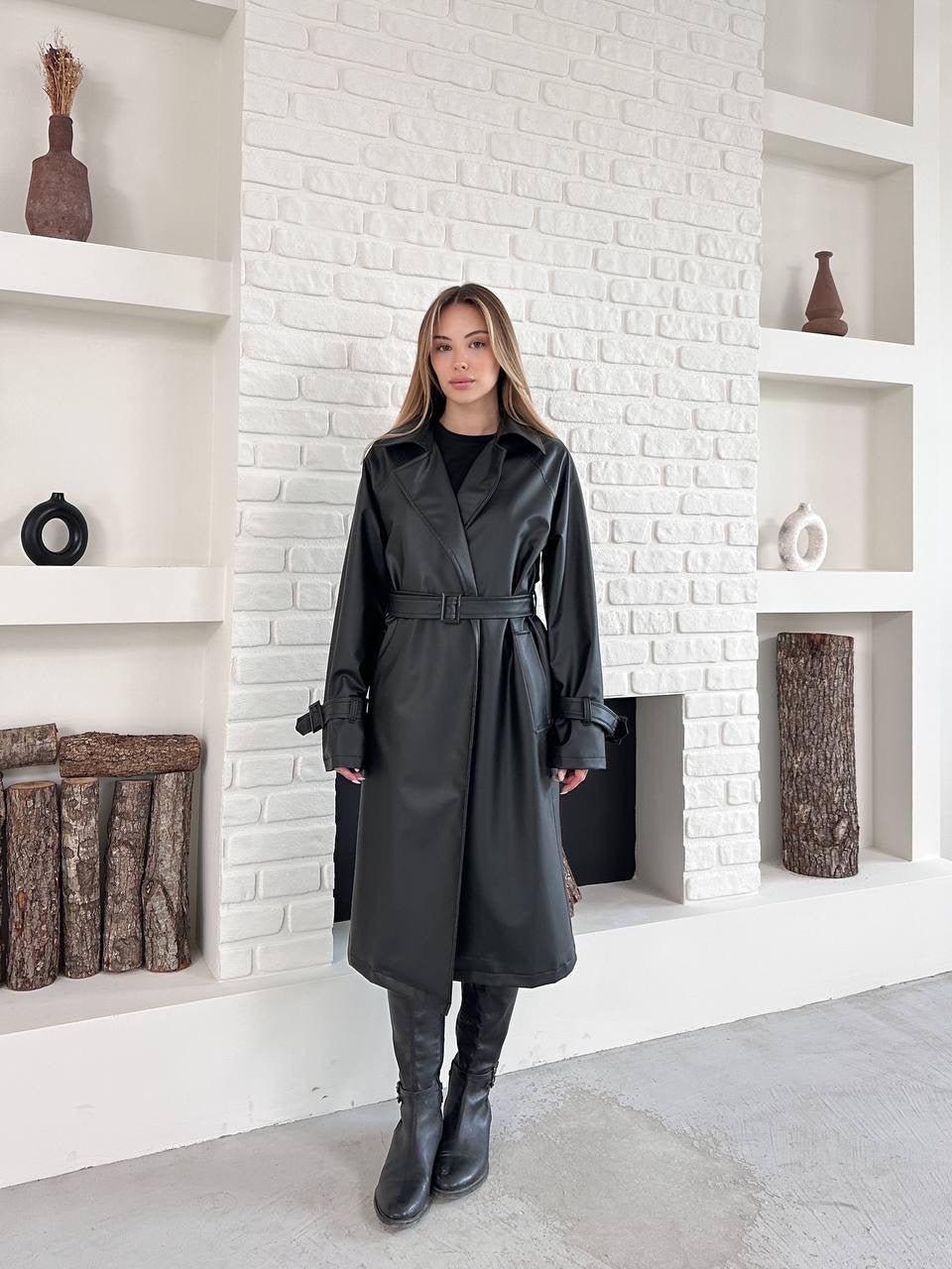 جكيت ترنش جلد اسود - KP7079