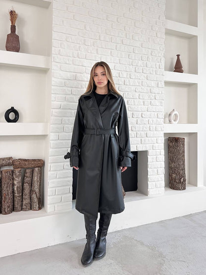 جكيت ترنش جلد اسود - KP7079