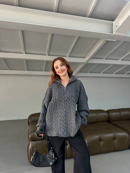 بلوزة رمادي مجدلة بسحاب - KP4244