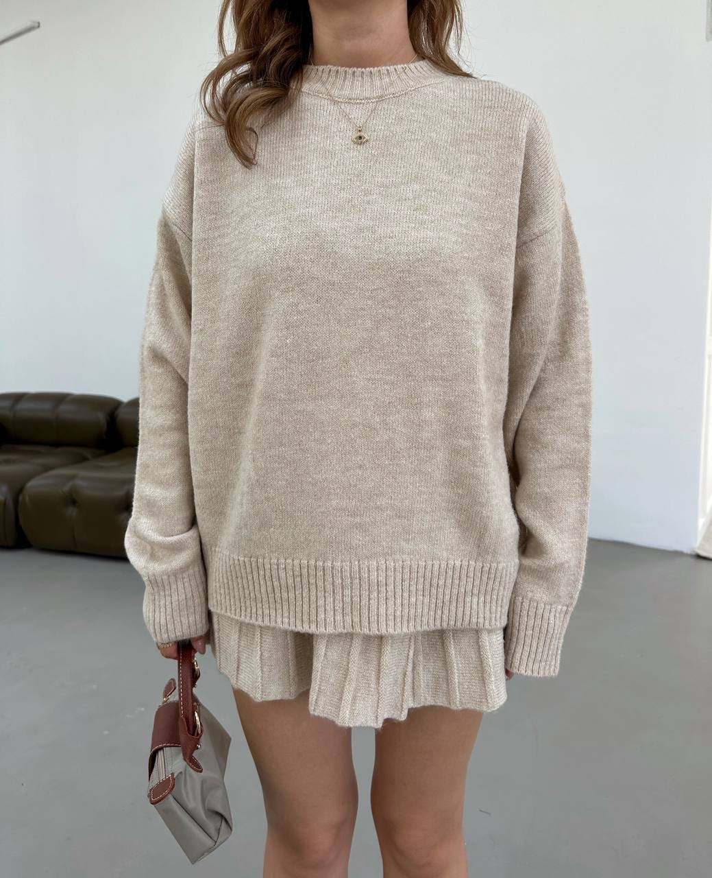 طقم تنورة مع بلوزة بيج - KP1091