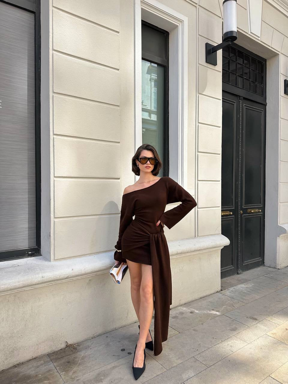 فستان بني ربط مع لفحة - KP1367