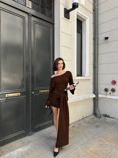 فستان بني ربط مع لفحة - KP1367