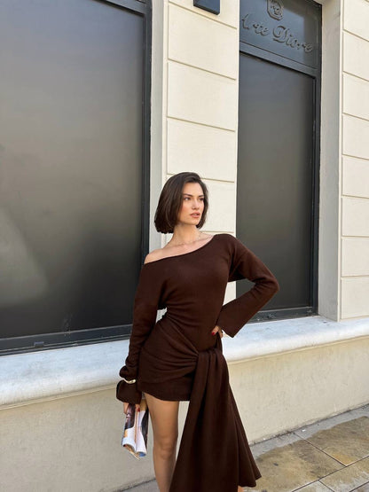 فستان بني ربط مع لفحة - KP1367