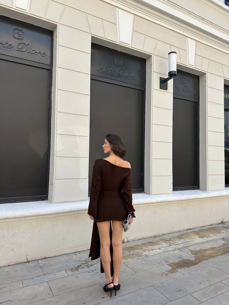 فستان بني ربط مع لفحة - KP1367