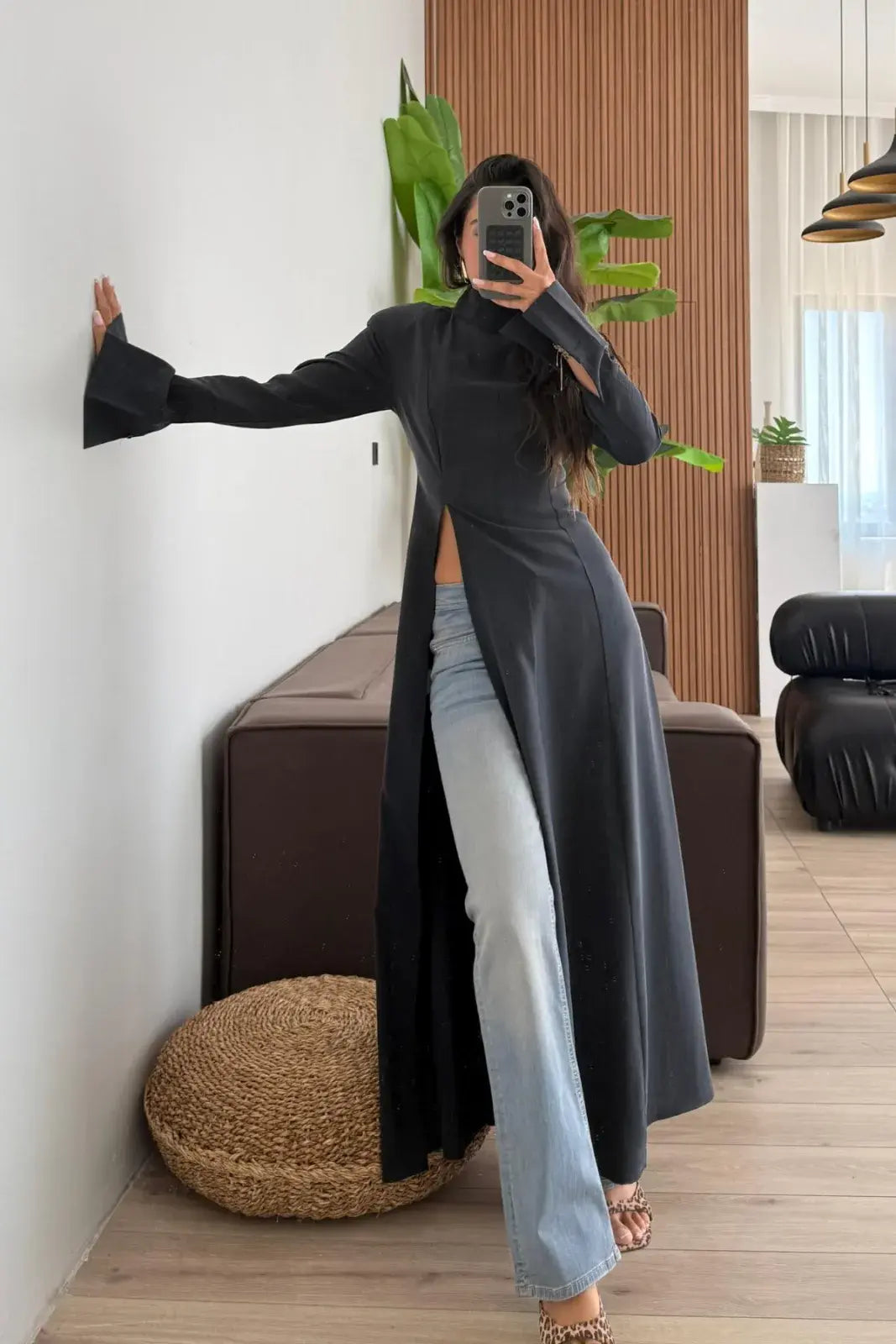 بلوزة ربط طويلة اسود - KP4536