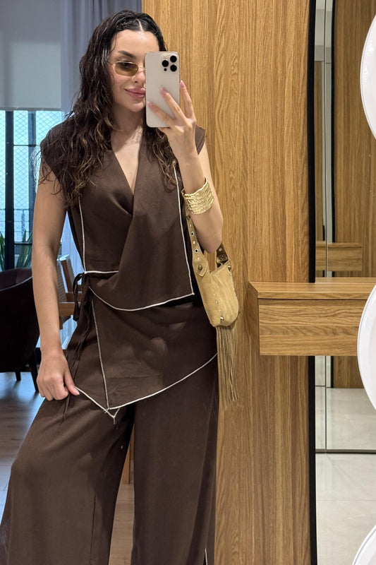 طقم كيمونو بني غامق- KP1259