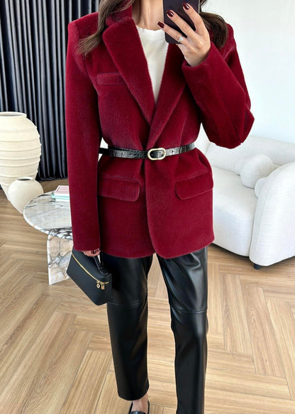 جكيت فرو احمر بحزام - KP7081