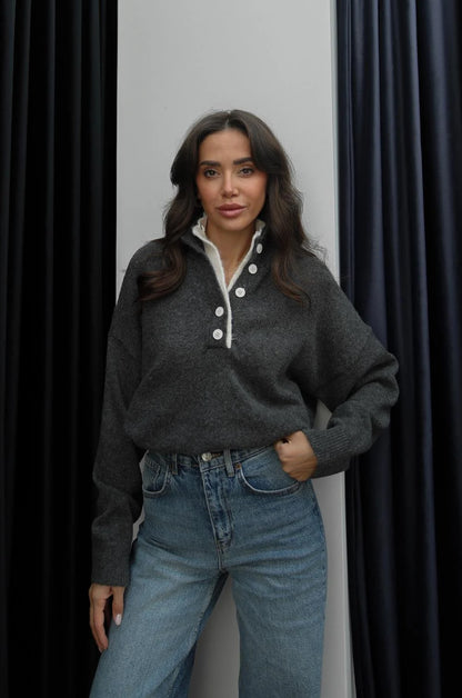 بلوزة رمادي وسكري بأزرار - KP4362