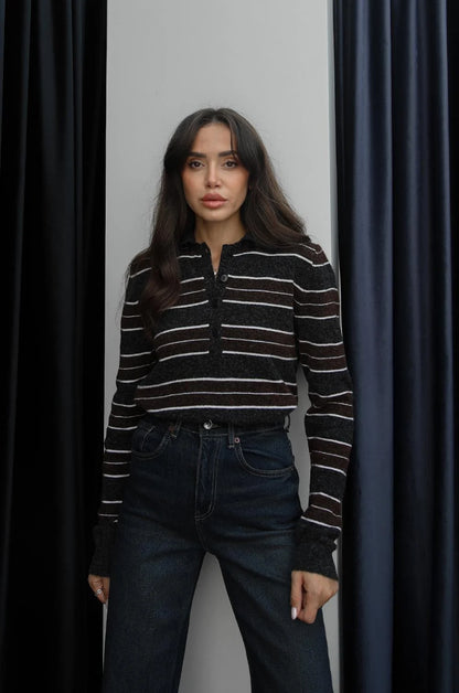 بلوزة مخططة بني ورمادي - KP4355