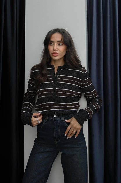 بلوزة مخططة بني ورمادي - KP4355