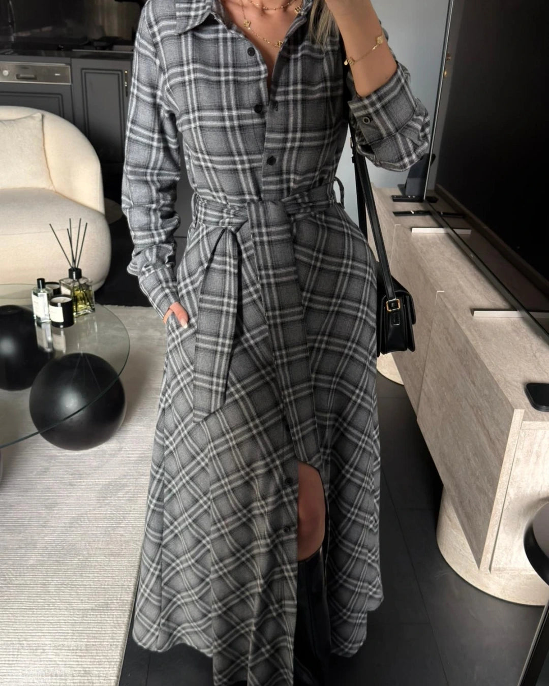 فستان كاروهات رمادي - KP2240