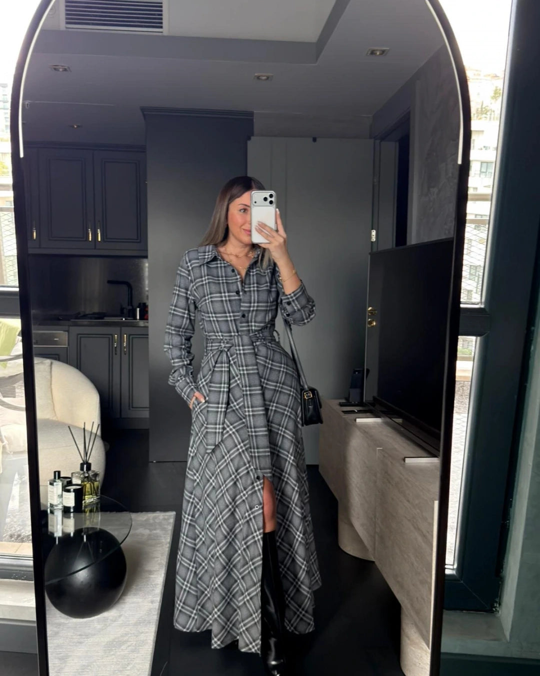 فستان كاروهات رمادي - KP2240