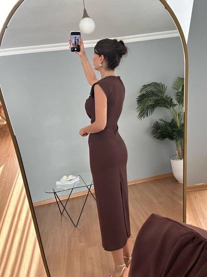 فستان لايكرا بني - KP2229