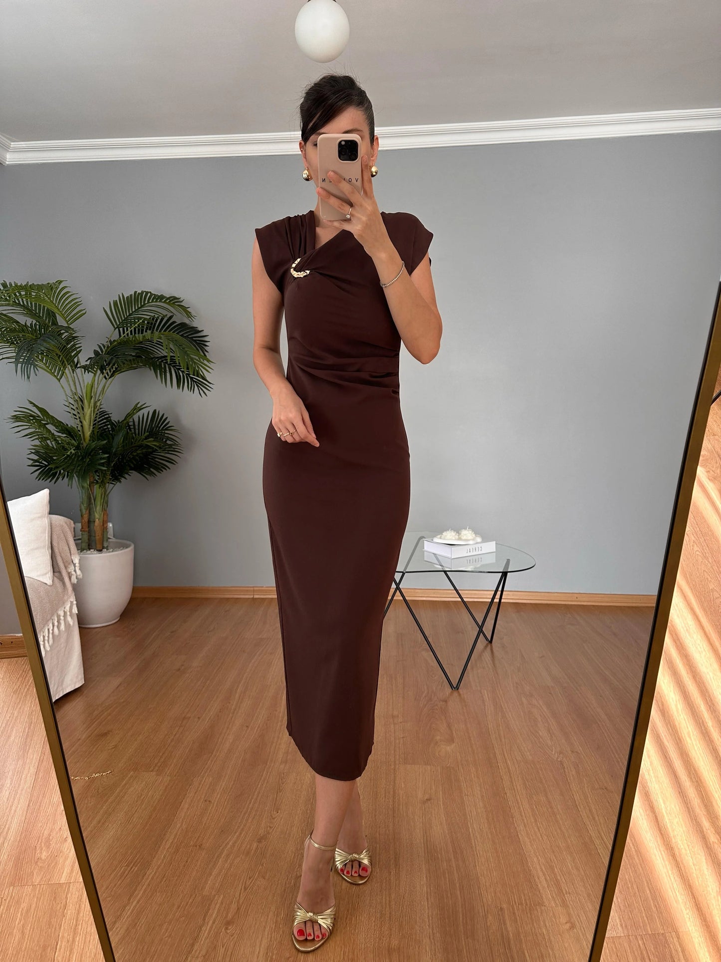 فستان لايكرا بني - KP2229