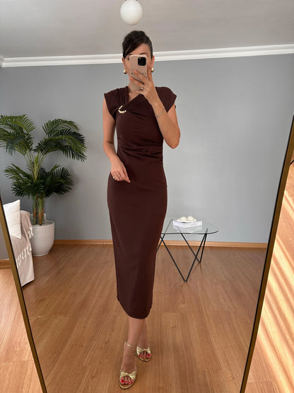 فستان لايكرا بني - KP2229