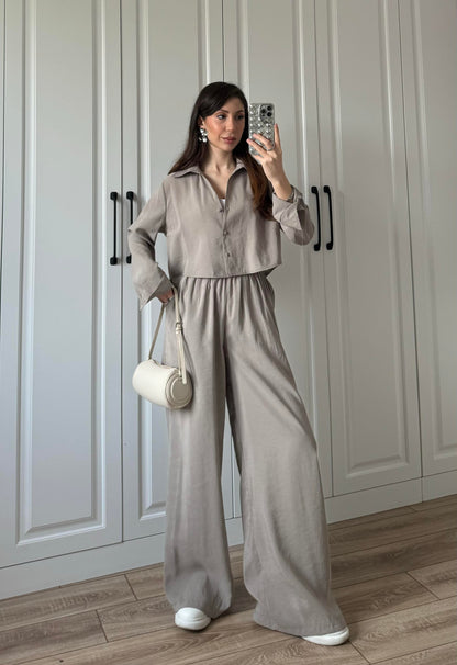 طقم قميص مع بنطلون بيج غامق - KP1327