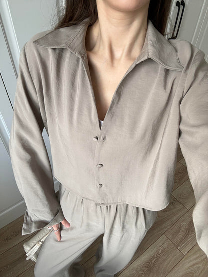 طقم قميص مع بنطلون بيج غامق - KP1327