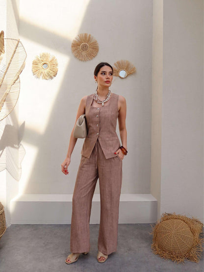 طقم ڤيست مع بنطلون بني - KP1236