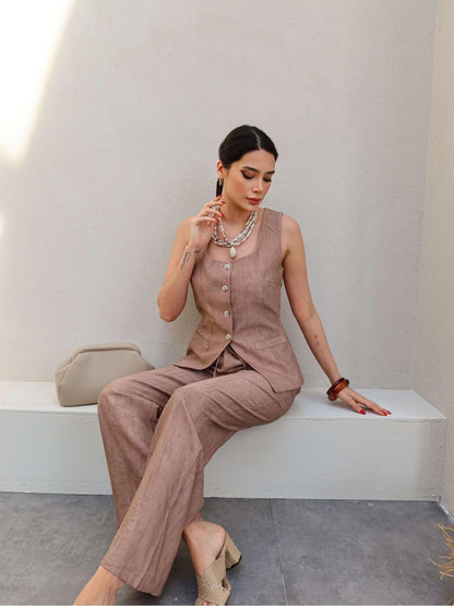 طقم ڤيست مع بنطلون بني - KP1236