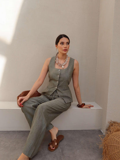 طقم ڤيست مع بنطلون اخضر - KP1236