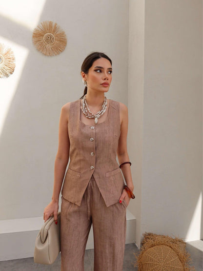 طقم ڤيست مع بنطلون بني - KP1236