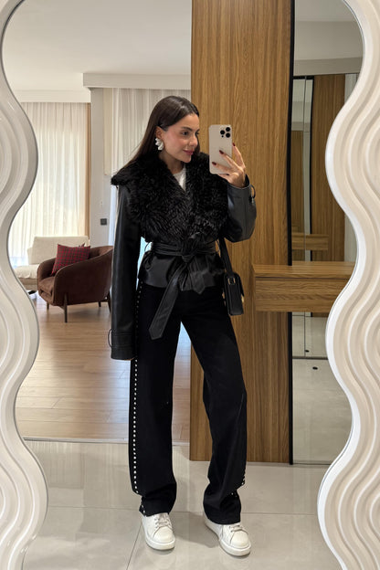 جكيت جلد اسود فرو - KP7097