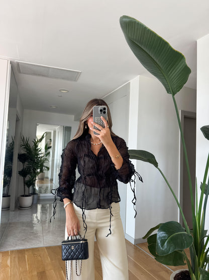 بلوزة بربطات اسود - KP4243