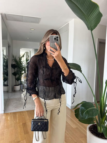 بلوزة بربطات اسود - KP4243