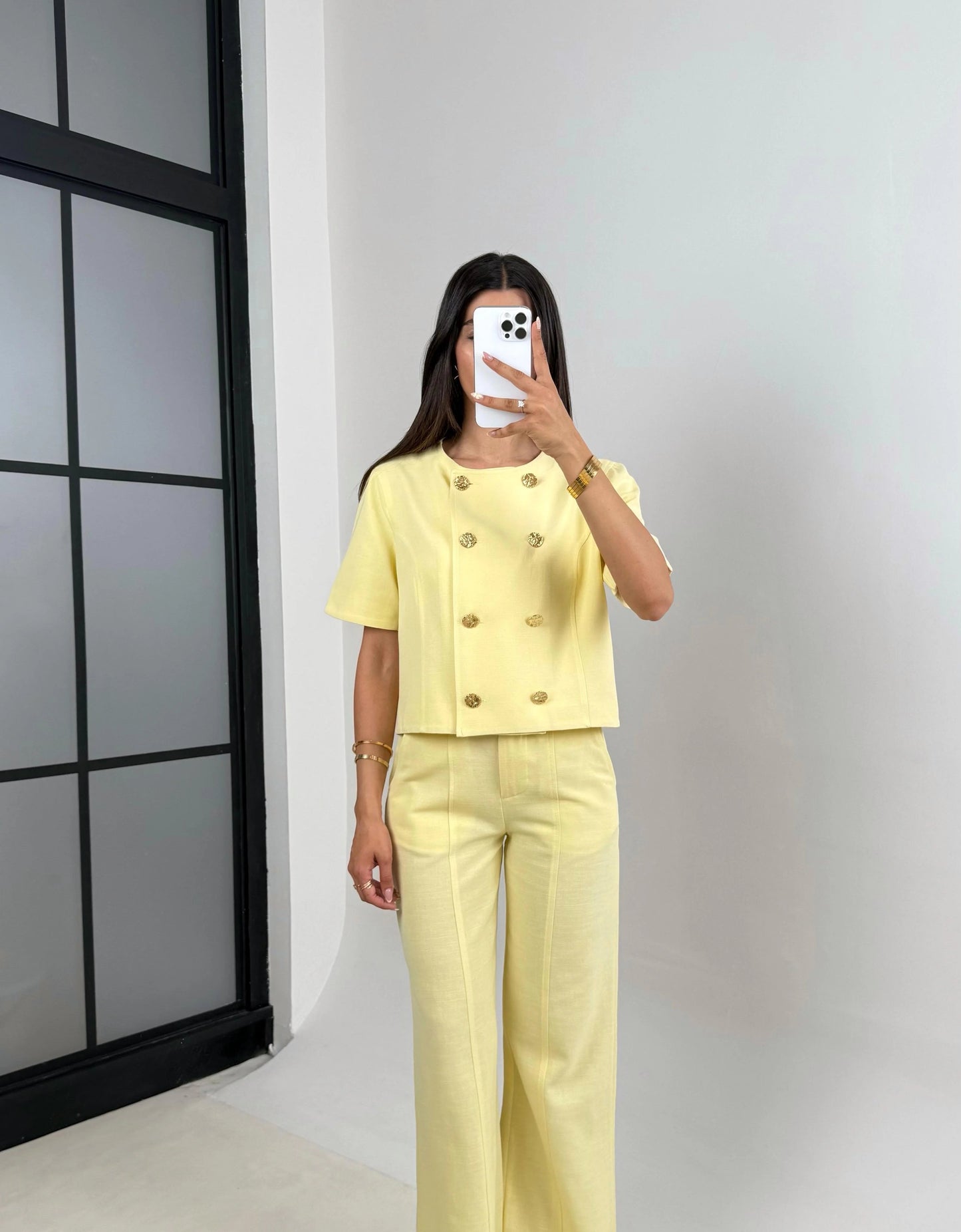 طقم جكيت مع بنطلون اصفر بأزرار ذهبية - KP1322
