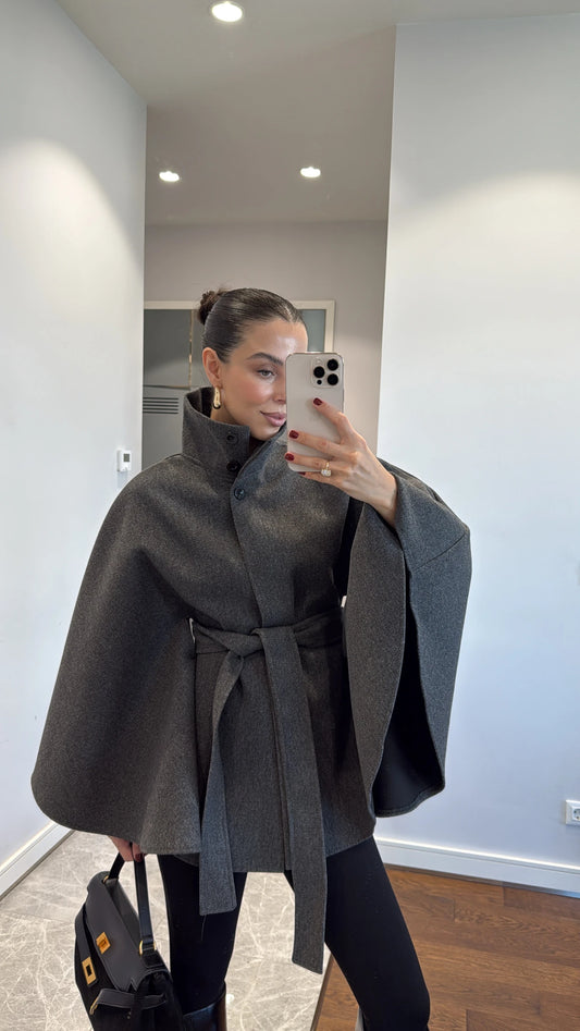 جكيت بقبة مع ربطة رمادي - KP7086