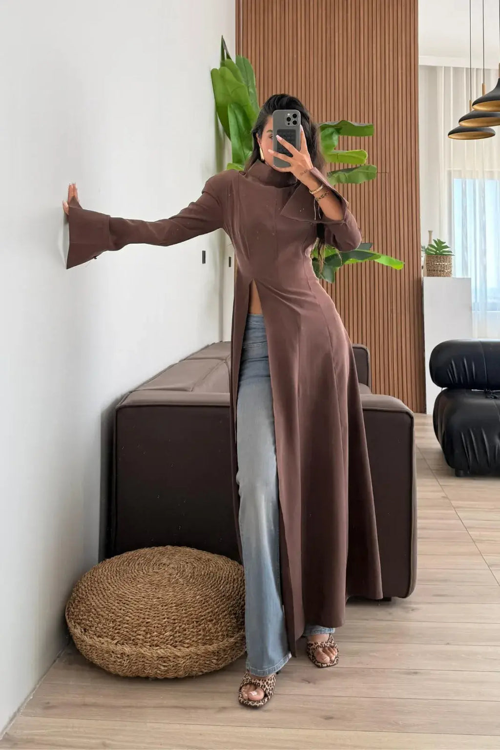 بلوزة ربط طويلة بني - KP4536
