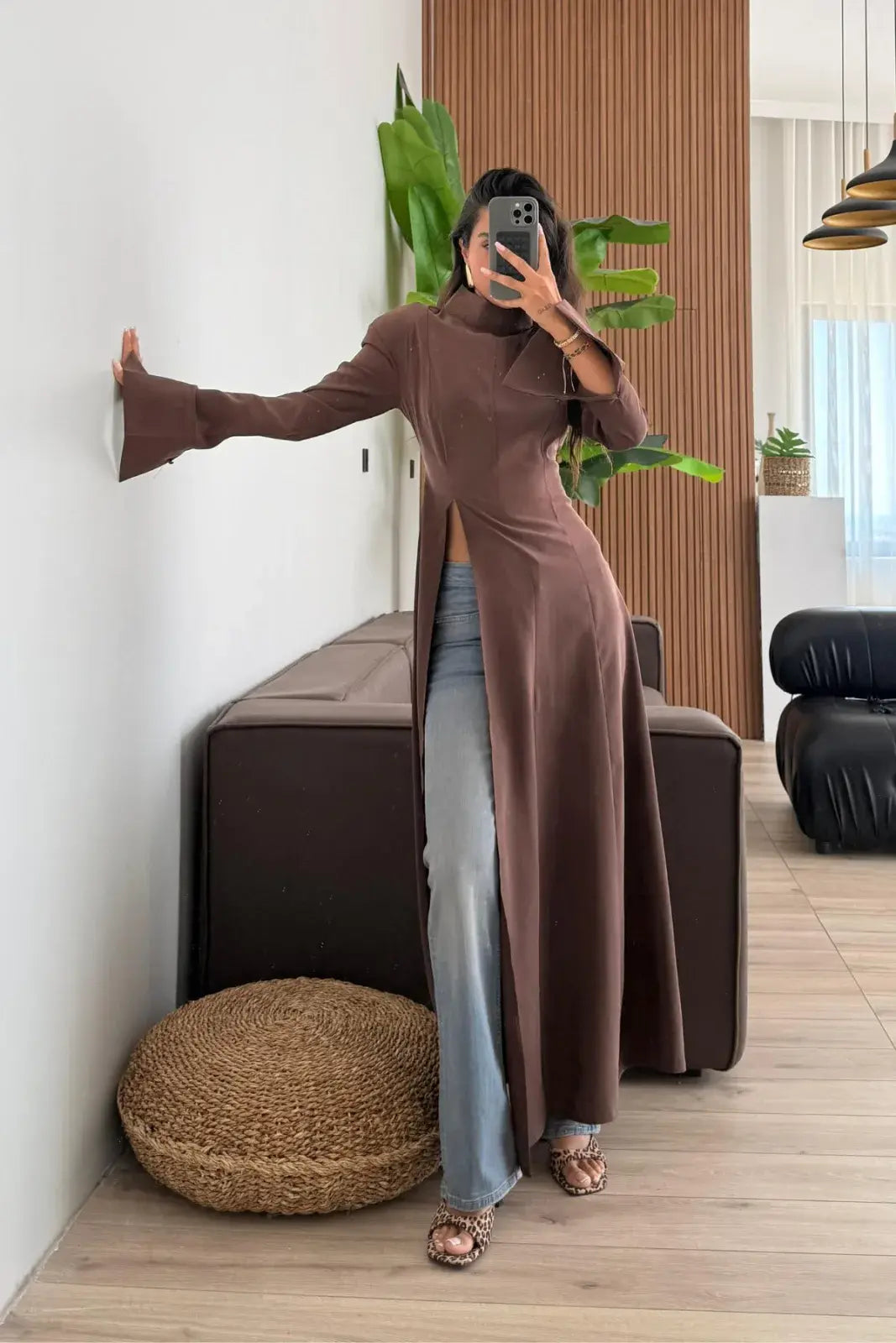 بلوزة ربط طويلة بني - KP4536