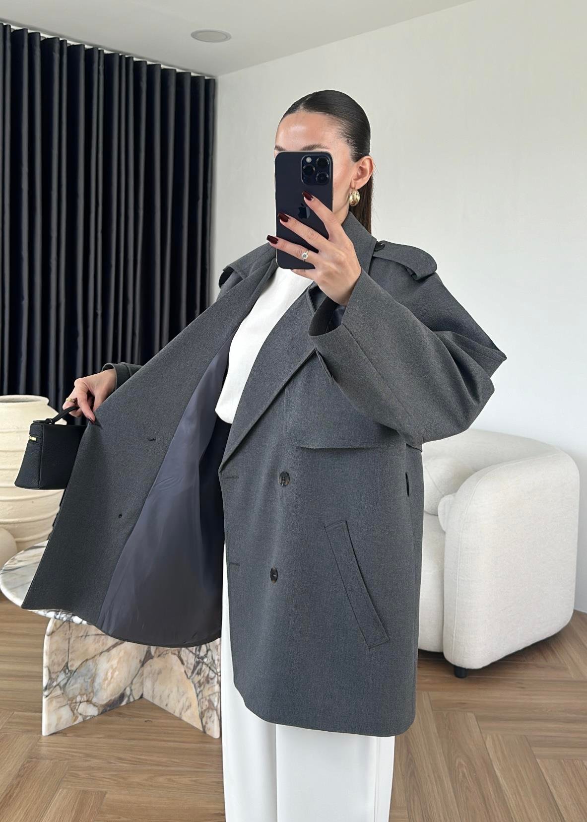 جكيت رمادي ترنش بحزام - KP7104