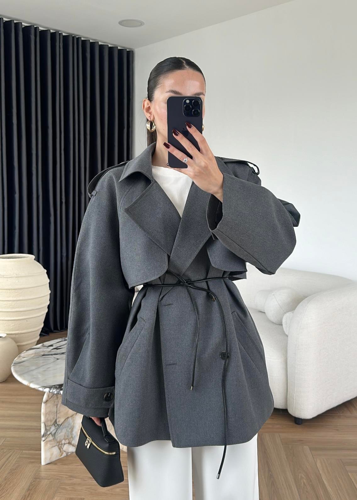 جكيت رمادي ترنش بحزام - KP7104