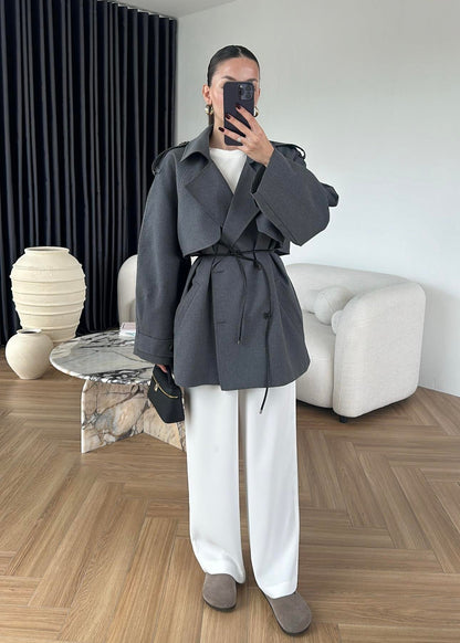 جكيت رمادي ترنش بحزام - KP7104