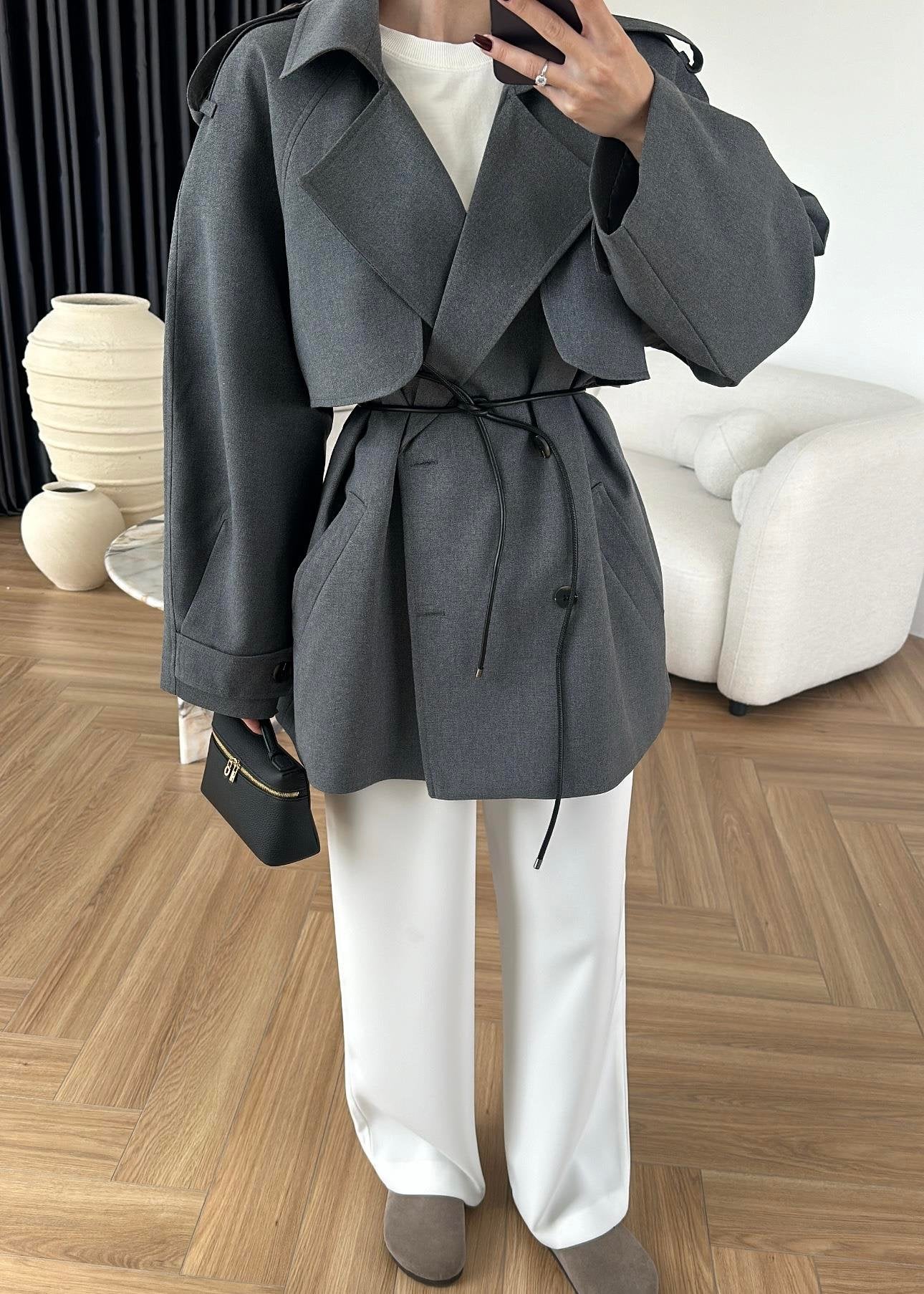 جكيت رمادي ترنش بحزام - KP7104