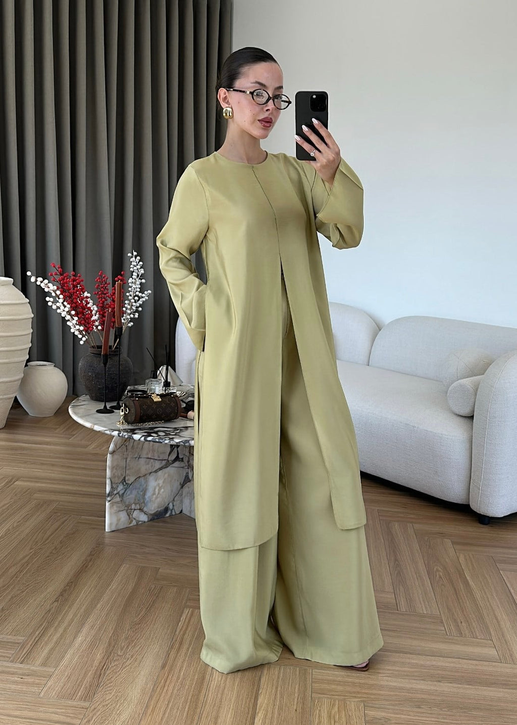 طقم بلوزة طويلة مع بنطلون فستقي - KP1629