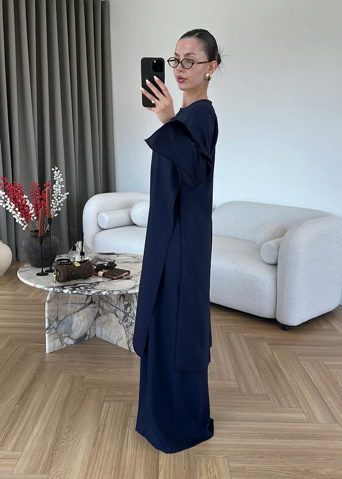 طقم بلوزة طويلة مع بنطلون كحلي - KP1629
