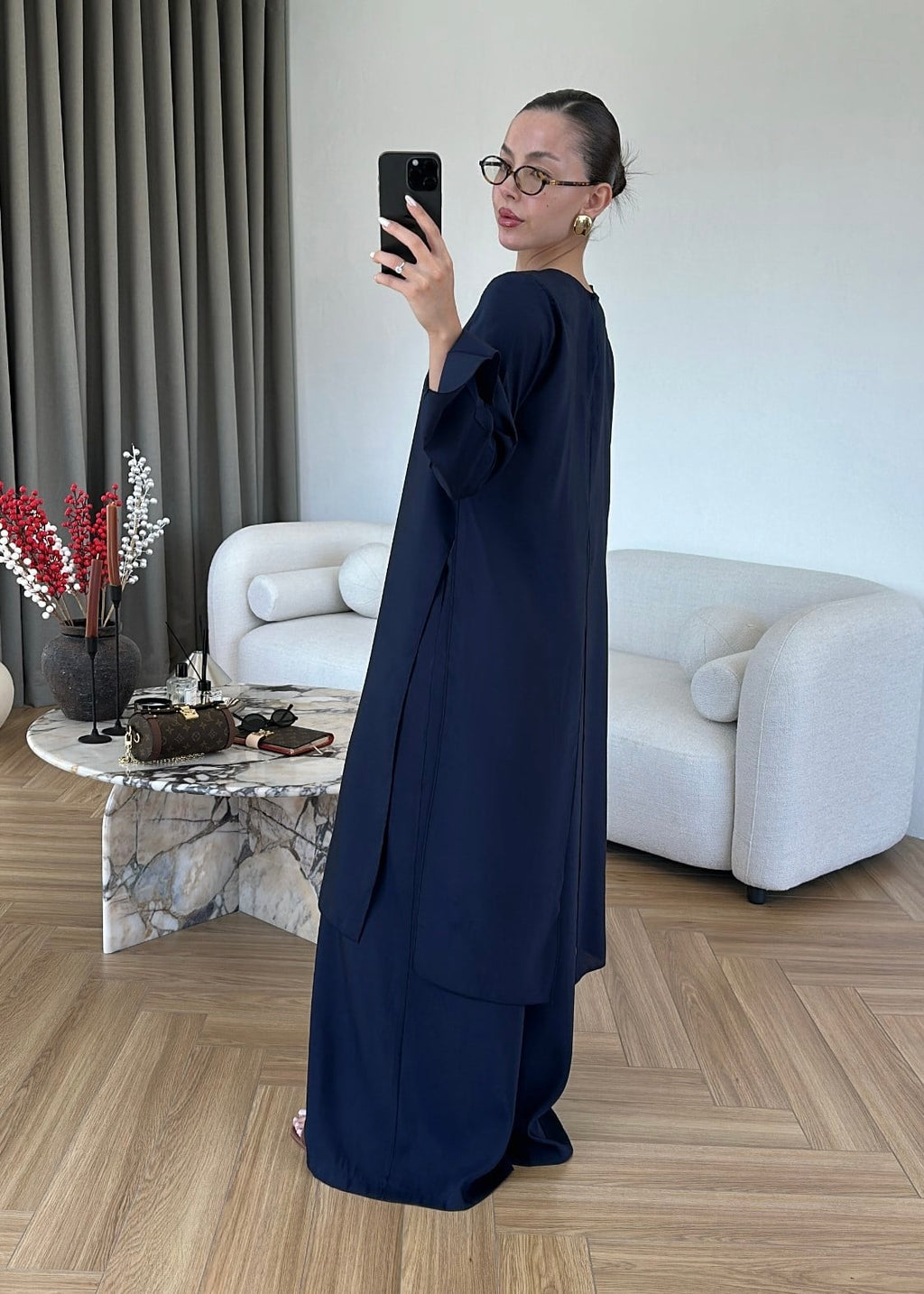طقم بلوزة طويلة مع بنطلون كحلي - KP1629