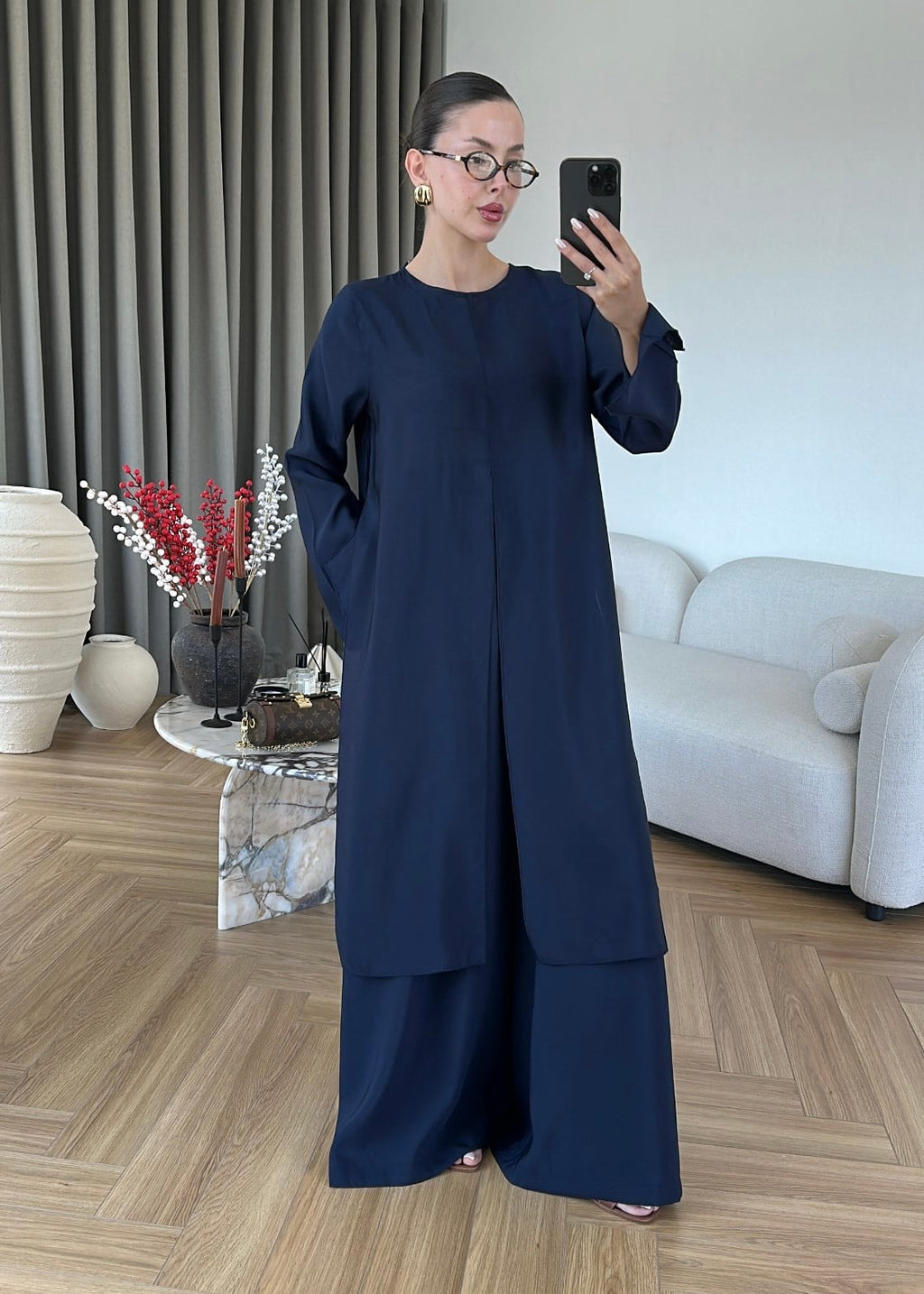 طقم بلوزة طويلة مع بنطلون كحلي - KP1629