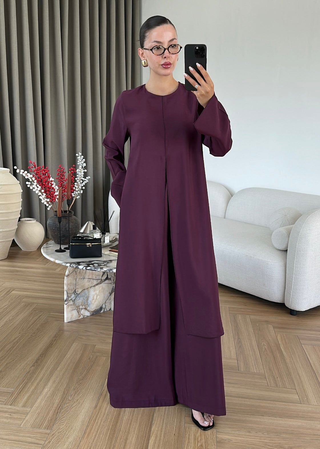 طقم بلوزة طويلة مع بنطلون خمري - KP1629