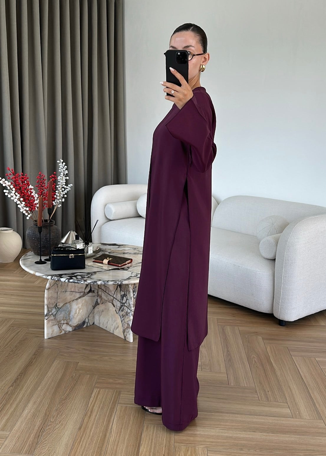 طقم بلوزة طويلة مع بنطلون خمري - KP1629