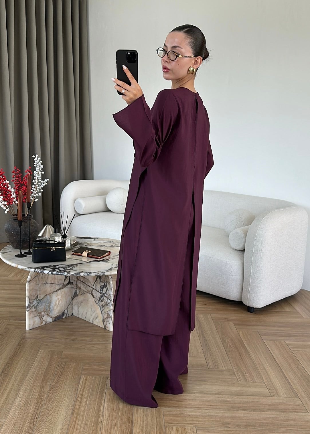 طقم بلوزة طويلة مع بنطلون خمري - KP1629