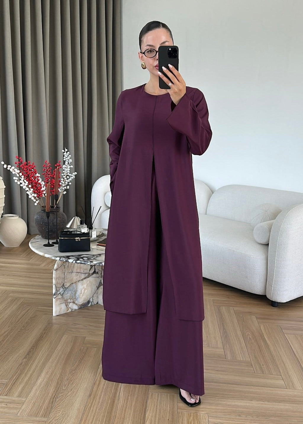 طقم بلوزة طويلة مع بنطلون خمري - KP1629