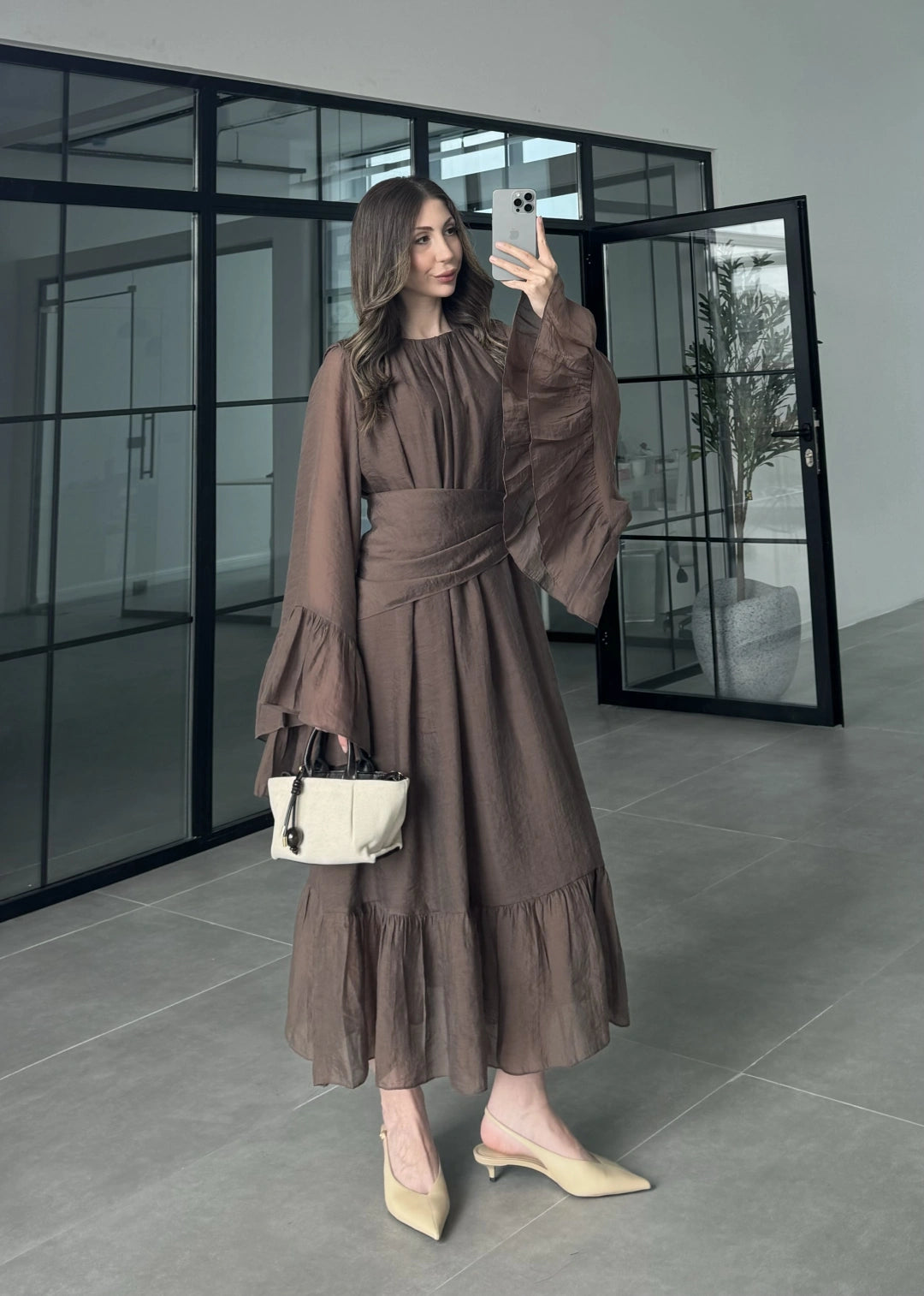 فستان مع ربطة بني - KP2336