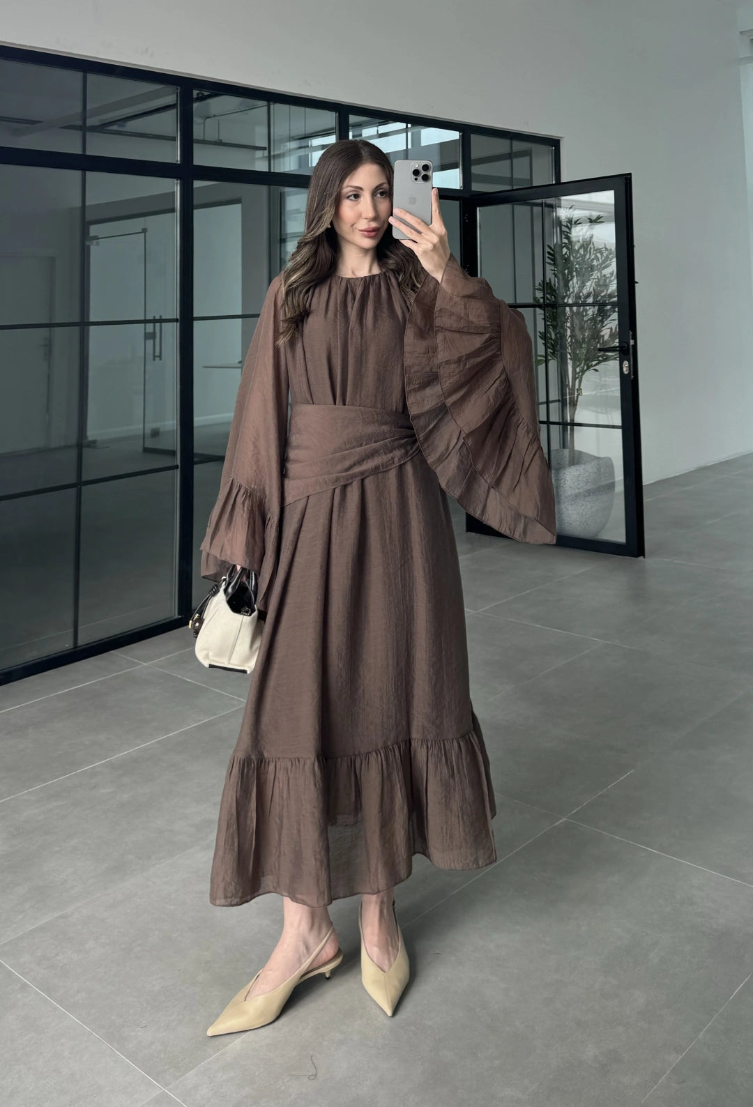 فستان مع ربطة بني - KP2336