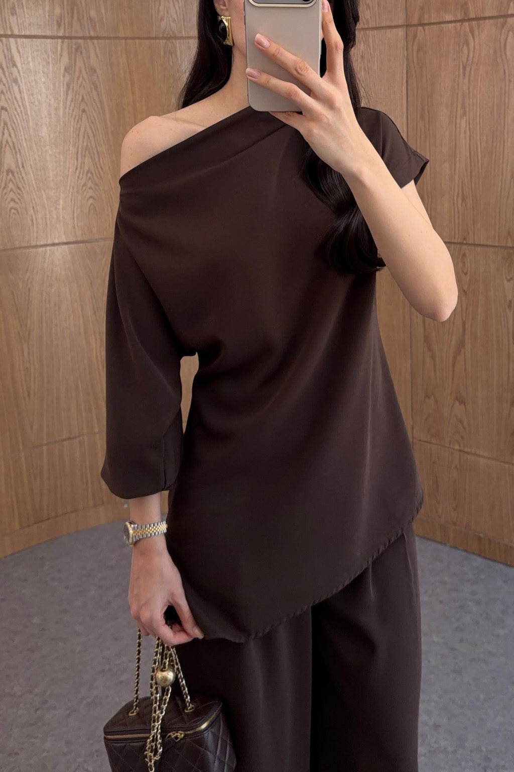 طقم بلوزة مع بنطلون بني - KP1561